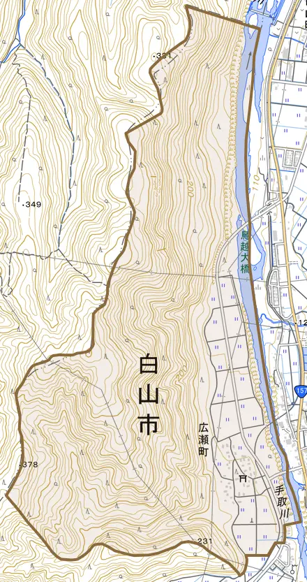 広瀬町とその周辺の地図。町の範囲を重ねている