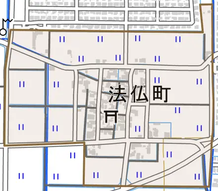 法仏町とその周辺の地図。町の範囲を重ねている
