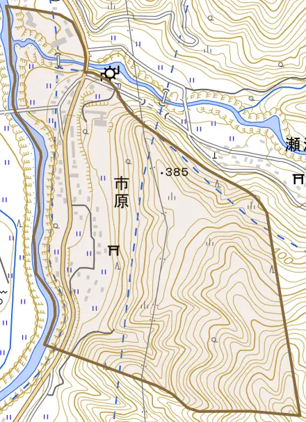 市原とその周辺の地図。町の範囲を重ねている