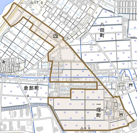 一塚町とその周辺の地図。町の範囲を重ねている