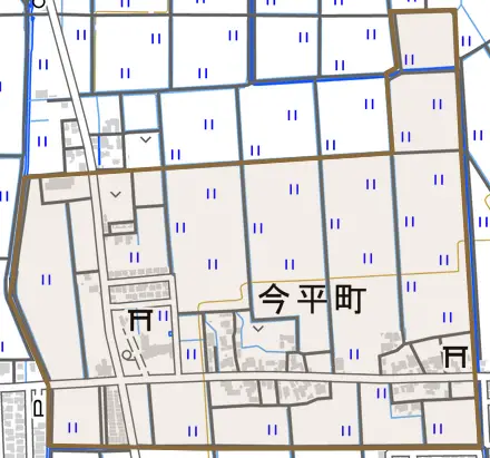 今平町とその周辺の地図。町の範囲を重ねている