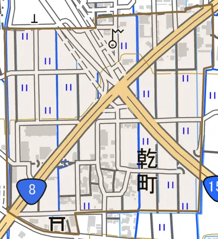 乾町とその周辺の地図。町の範囲を重ねている