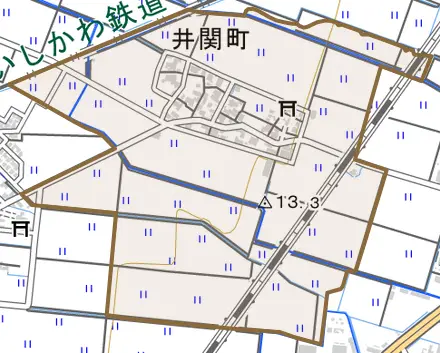 井関町とその周辺の地図。町の範囲を重ねている