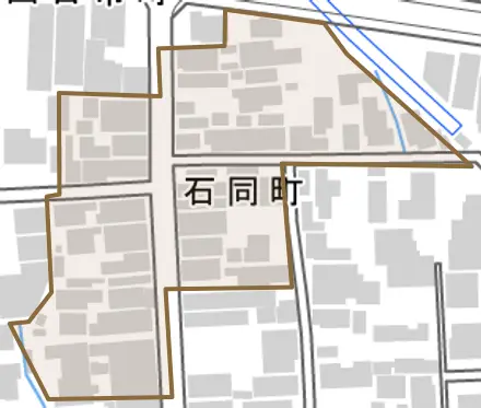 石同町とその周辺の地図。町の範囲を重ねている