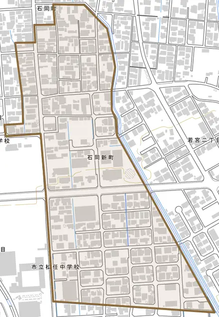 石同新町とその周辺の地図。町の範囲を重ねている