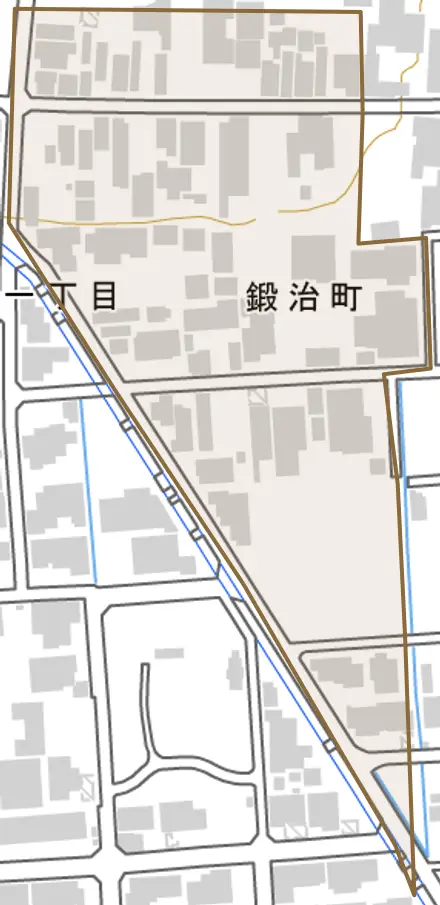 鍛治町とその周辺の地図。町の範囲を重ねている