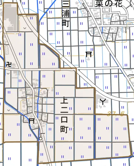 上二口町とその周辺の地図。町の範囲を重ねている