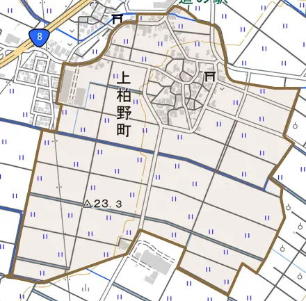 上柏野町とその周辺の地図。町の範囲を重ねている