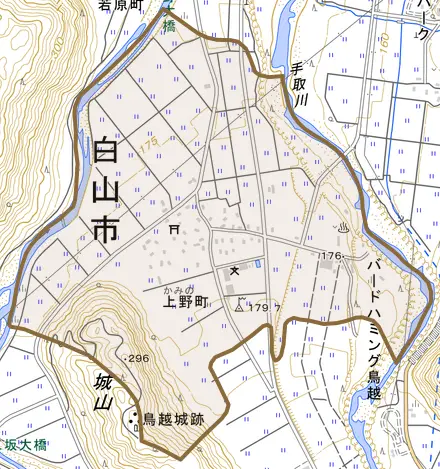 上野町とその周辺の地図。町の範囲を重ねている