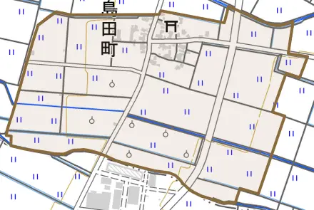 上島田町とその周辺の地図。町の範囲を重ねている