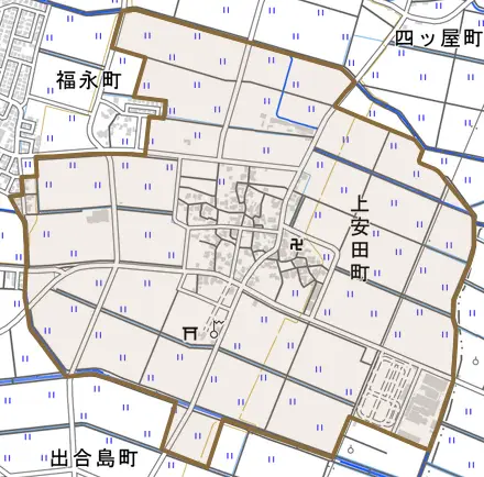 上安田町とその周辺の地図。町の範囲を重ねている
