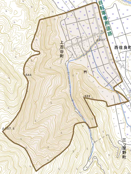 上吉谷町とその周辺の地図。町の範囲を重ねている