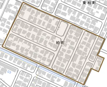 柏町とその周辺の地図。町の範囲を重ねている