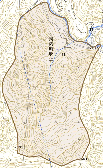 河内町吹上とその周辺の地図。町の範囲を重ねている