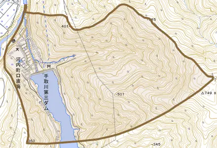 河内町口直海とその周辺の地図。町の範囲を重ねている