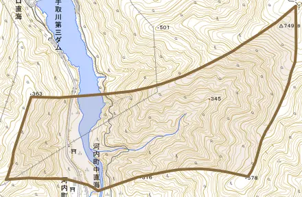 河内町中直海とその周辺の地図。町の範囲を重ねている