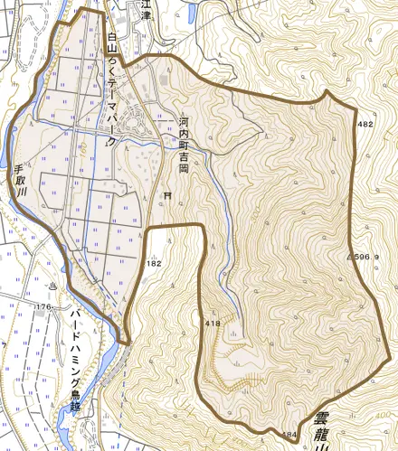 河内町吉岡とその周辺の地図。町の範囲を重ねている