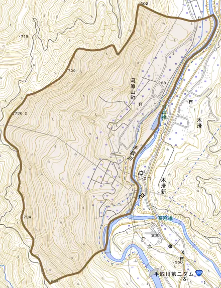 河原山町とその周辺の地図。町の範囲を重ねている