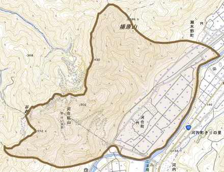 河合町とその周辺の地図。町の範囲を重ねている