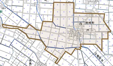 剣崎町とその周辺の地図。町の範囲を重ねている