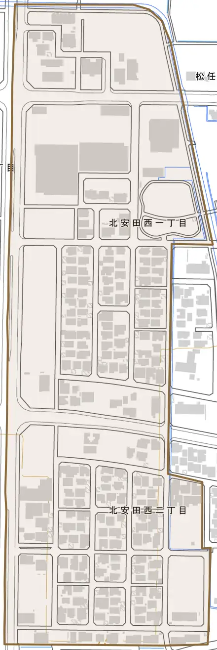 北安田西とその周辺の地図。町の範囲を重ねている