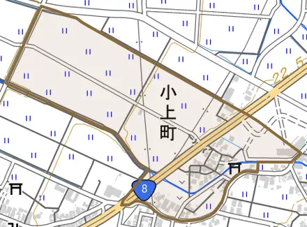 小上町とその周辺の地図。町の範囲を重ねている