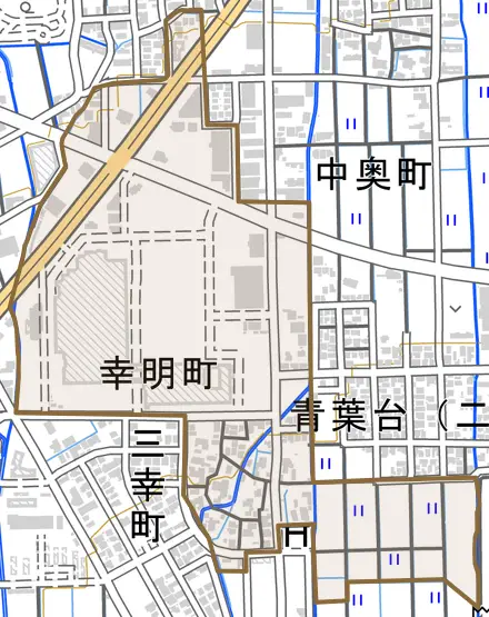 幸明町とその周辺の地図。町の範囲を重ねている