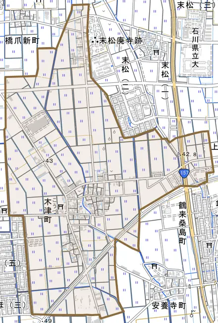 木津町とその周辺の地図。町の範囲を重ねている
