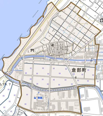倉部町とその周辺の地図。町の範囲を重ねている