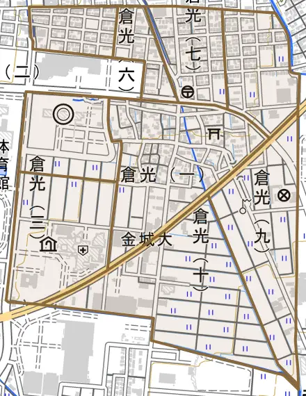 倉光とその周辺の地図。町の範囲を重ねている