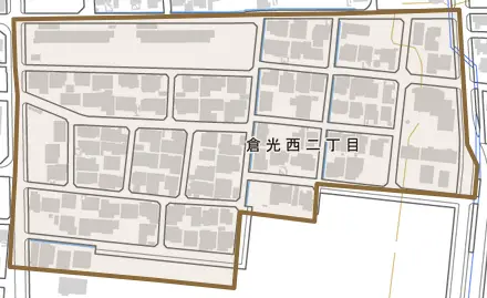 倉光西とその周辺の地図。町の範囲を重ねている