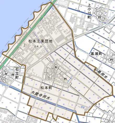 松本町とその周辺の地図。町の範囲を重ねている
