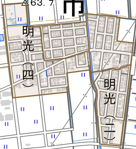 明光とその周辺の地図。町の範囲を重ねている