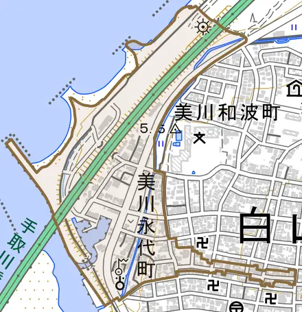美川永代町とその周辺の地図。町の範囲を重ねている