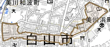 美川浜町とその周辺の地図。町の範囲を重ねている
