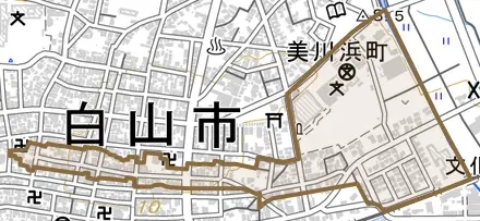 美川今町とその周辺の地図。町の範囲を重ねている
