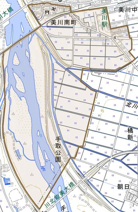 美川南町とその周辺の地図。町の範囲を重ねている