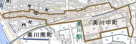 美川中町とその周辺の地図。町の範囲を重ねている