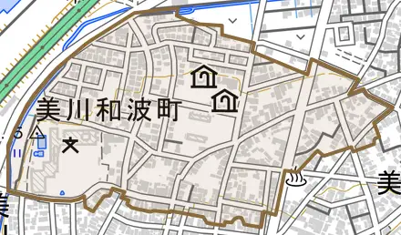 美川和波町とその周辺の地図。町の範囲を重ねている