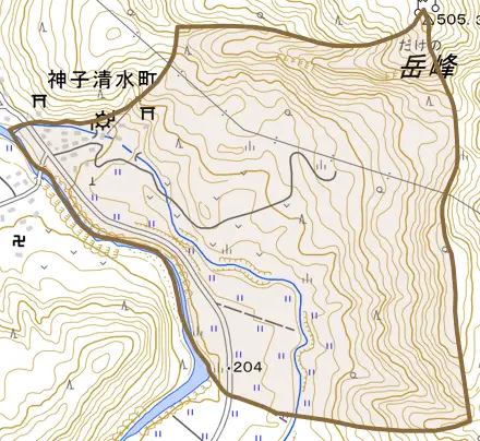神子清水町とその周辺の地図。町の範囲を重ねている