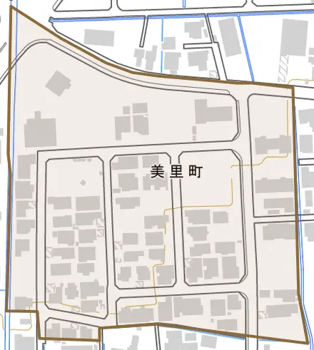 美里町とその周辺の地図。町の範囲を重ねている