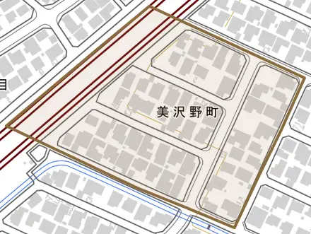 美沢野町とその周辺の地図。町の範囲を重ねている