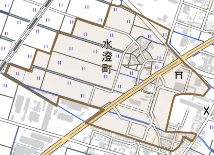 水澄町とその周辺の地図。町の範囲を重ねている
