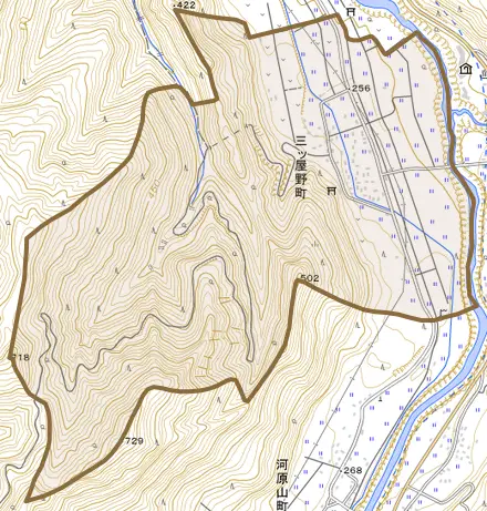 三ツ屋野町とその周辺の地図。町の範囲を重ねている
