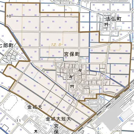 宮保町とその周辺の地図。町の範囲を重ねている