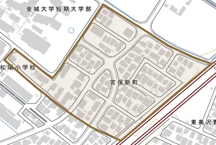 宮保新町とその周辺の地図。町の範囲を重ねている