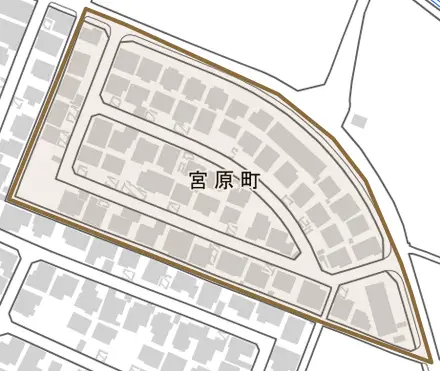 宮原町とその周辺の地図。町の範囲を重ねている