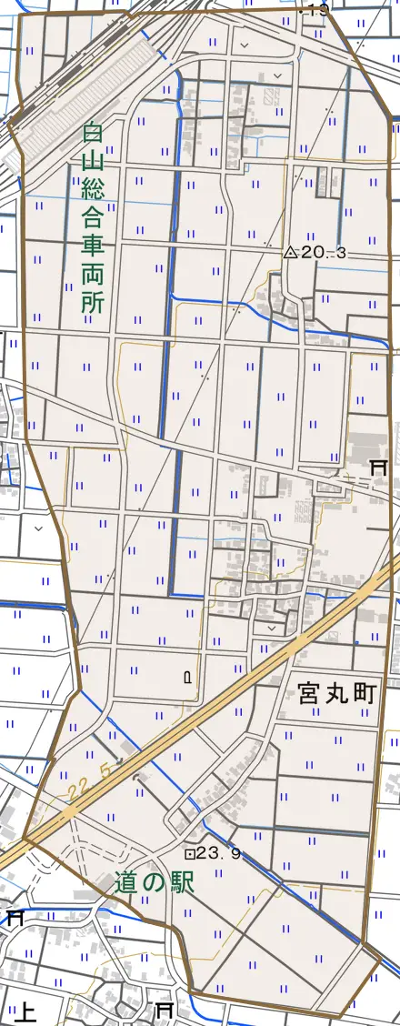 宮丸町とその周辺の地図。町の範囲を重ねている
