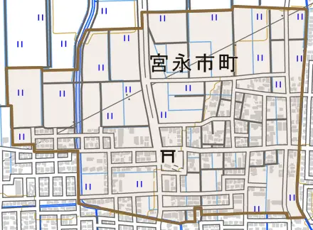 宮永市町とその周辺の地図。町の範囲を重ねている