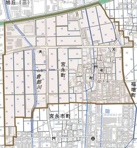 宮永町とその周辺の地図。町の範囲を重ねている